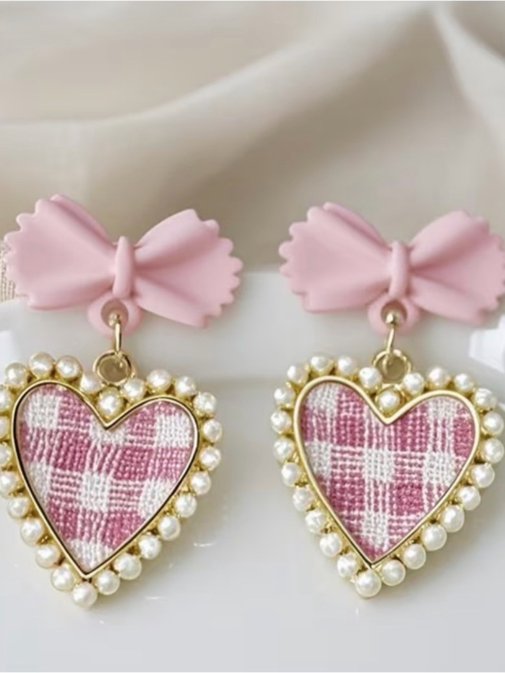 Pink Bow & Heart Pearl Drop Earrings for Kids